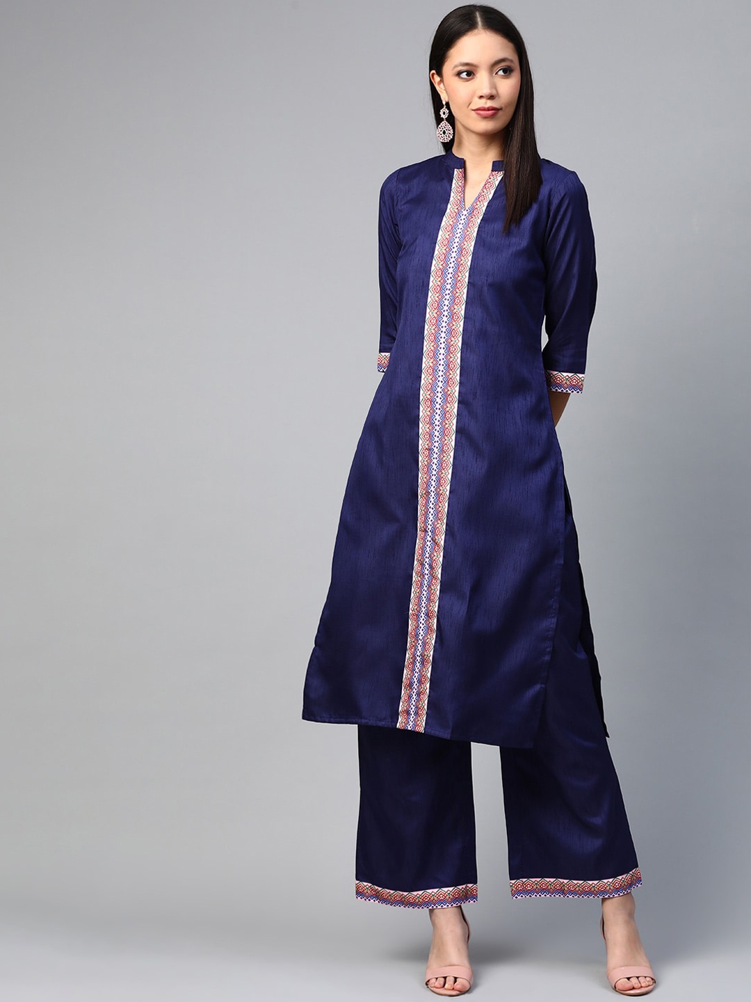 

ZIYAA Printed Mandarin Collar Kurta with Palazzos, Navy blue