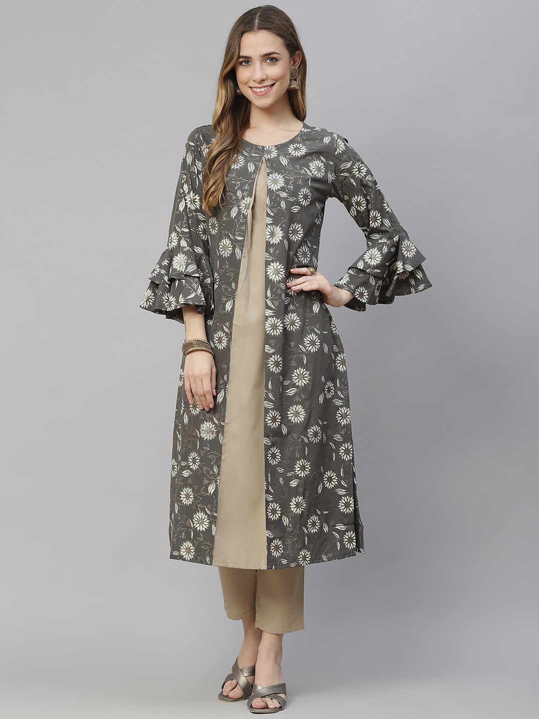 

ZIYAA Floral Printed Round Neck Kurta with Trousers, Grey
