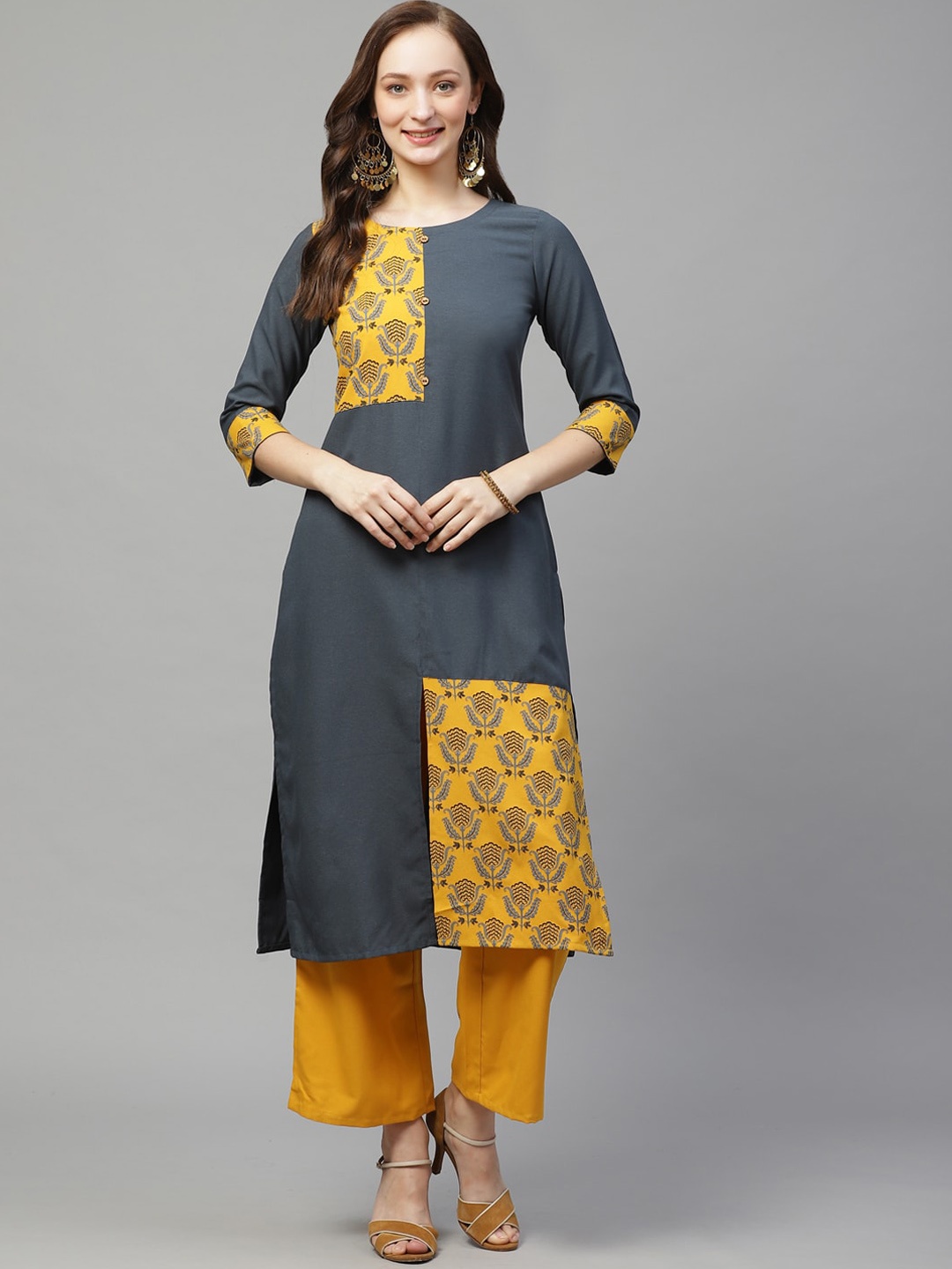 

ZIYAA Floral Printed Kurta with Palazzos, Charcoal