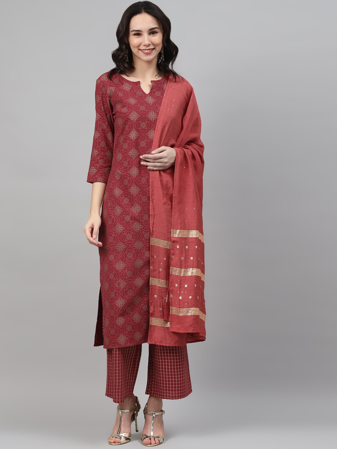 

ZIYAA Ethnic Motifs Printed Round Neck Kurta with Palazzos & Dupatta, Maroon