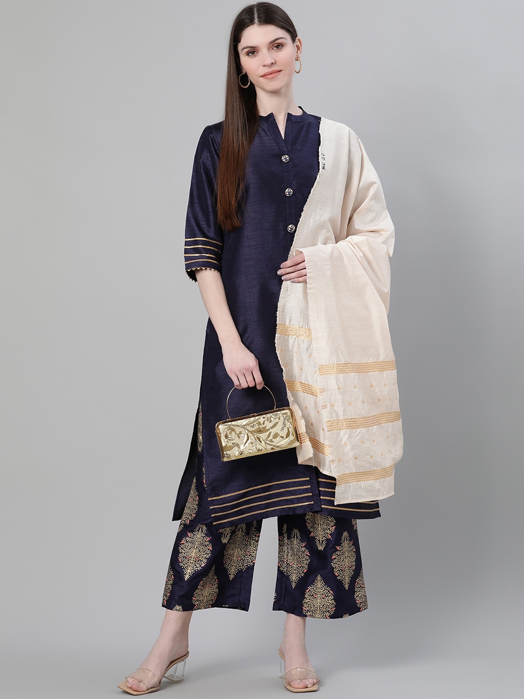 

ZIYAA Ethnic Motifs Printed Mandarin Collar Kurta with Palazzos & Dupatta, Navy blue