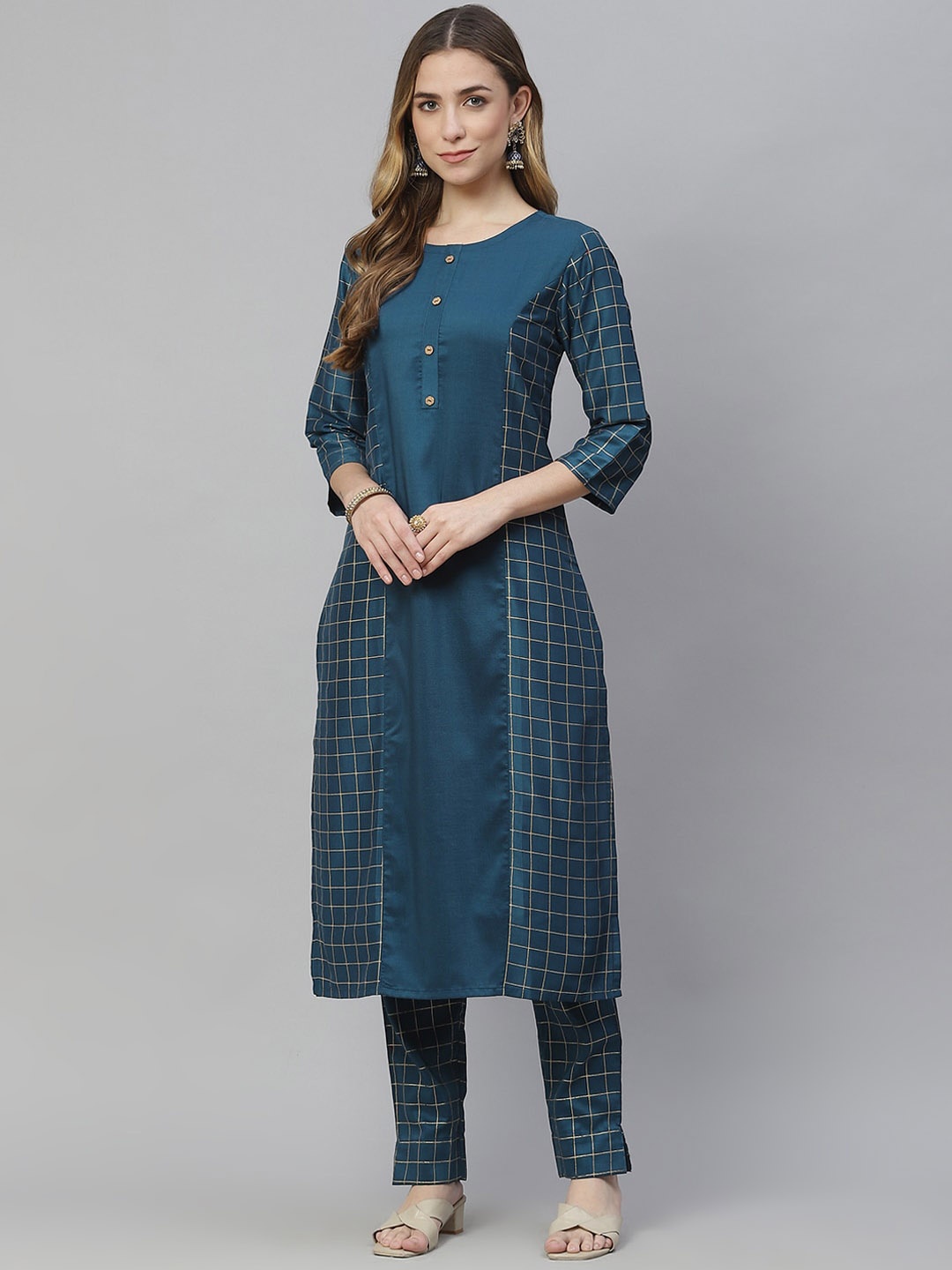 

ZIYAA Printed Round Neck Kurta with Trousers, Teal