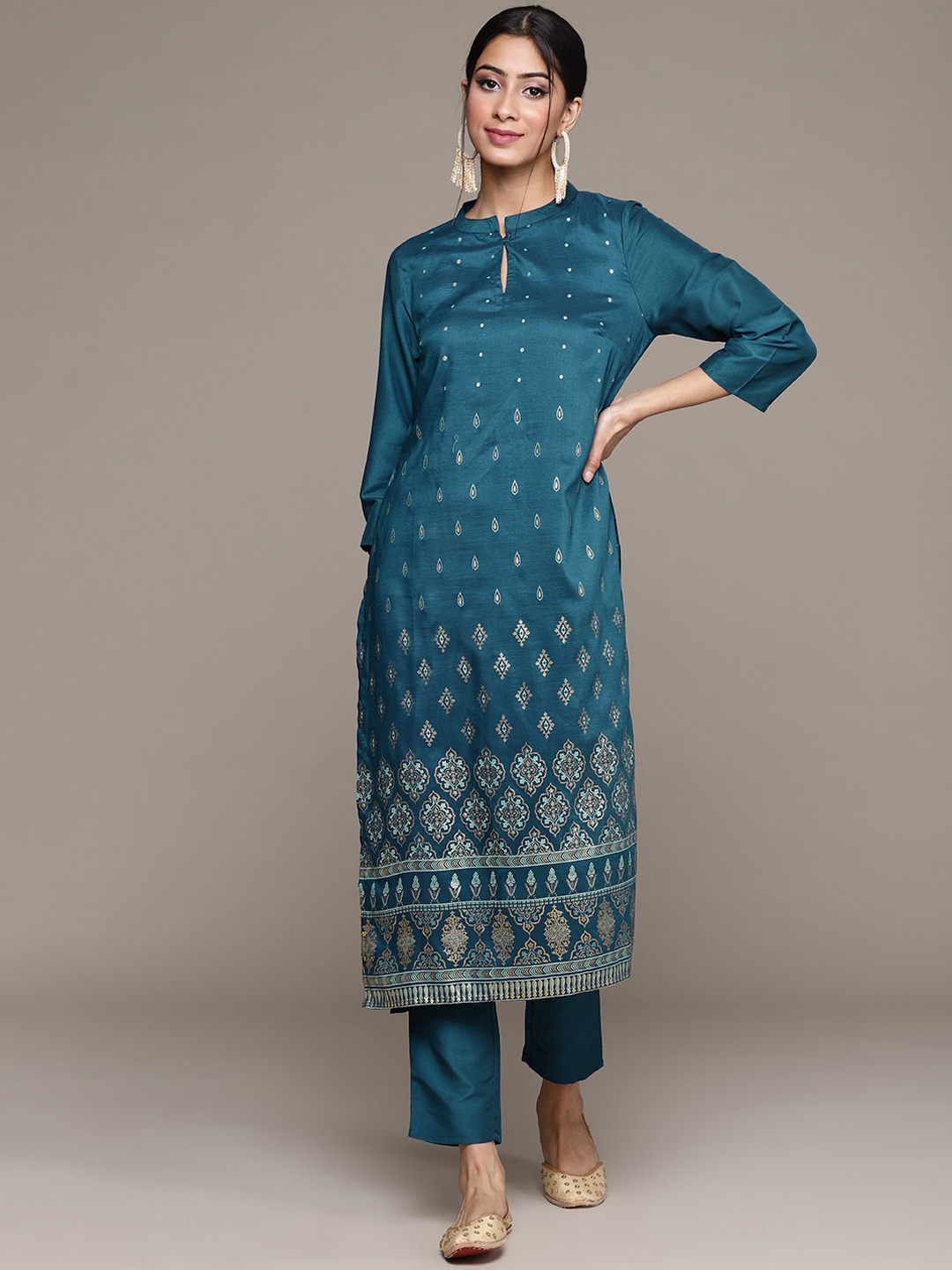 

ZIYAA Ethnic Motifs Printed Mandarin Collar Kurta with Trousers, Teal