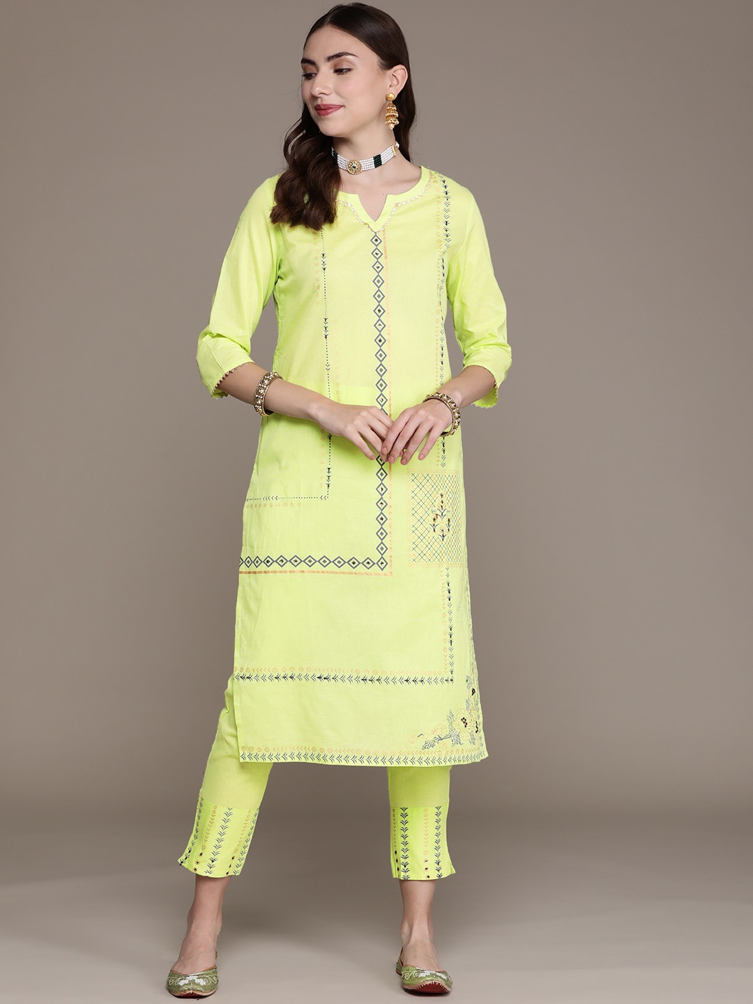 

ZIYAA Floral Printed Round Neck Pure Cotton Kurta with Trousers, Lime green
