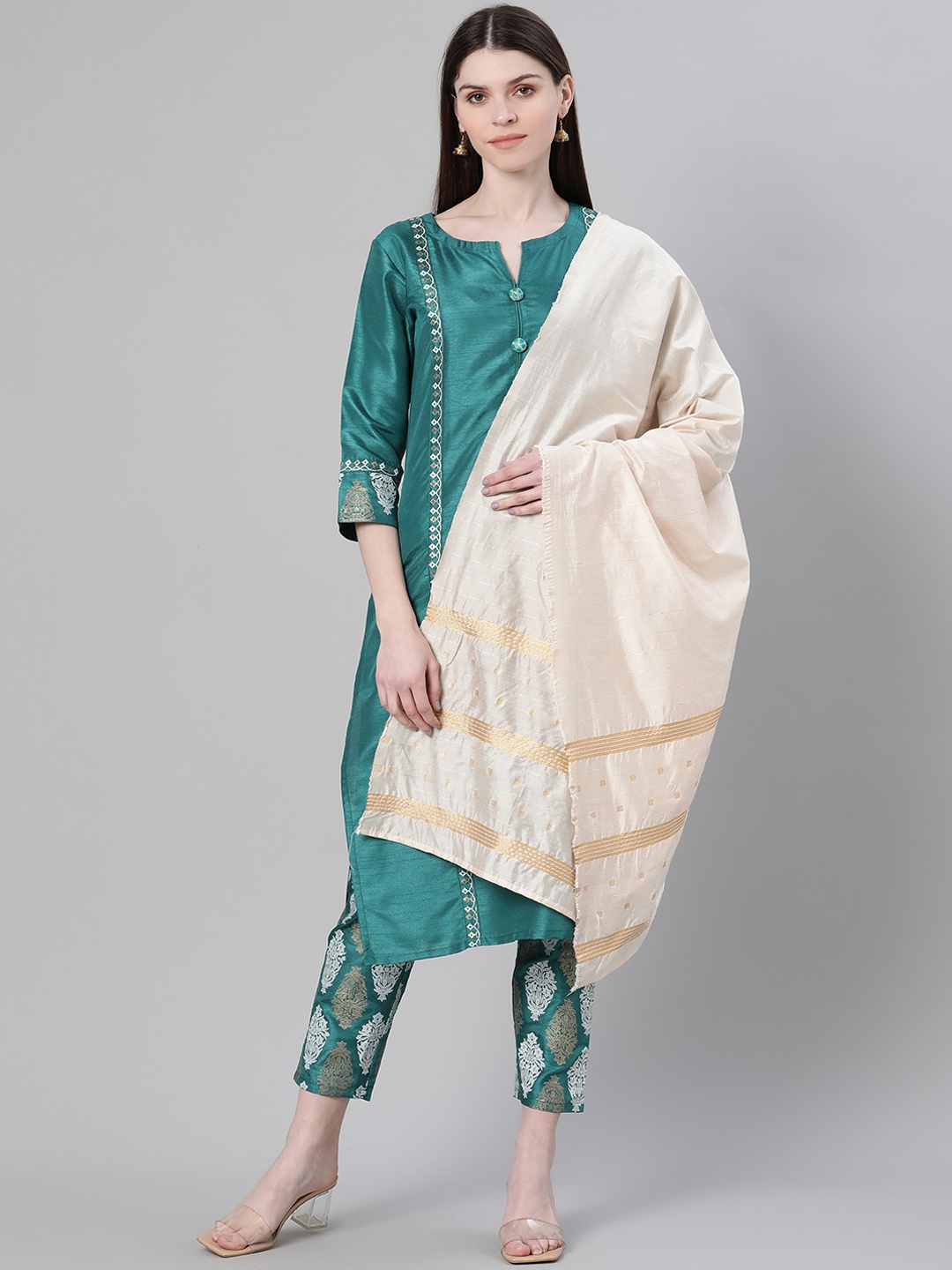 

ZIYAA Ethnic Motifs Printed Round Neck Kurta with Trousers & Dupatta, Green