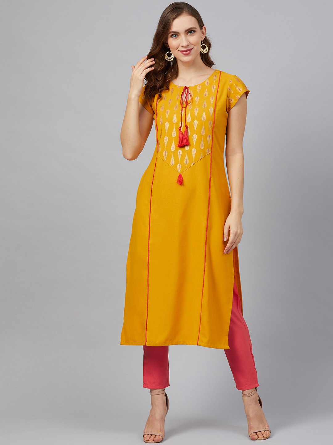 

ZIYAA Ethnic Motifs Printed Cap Sleeve Kurta with Trousers, Mustard