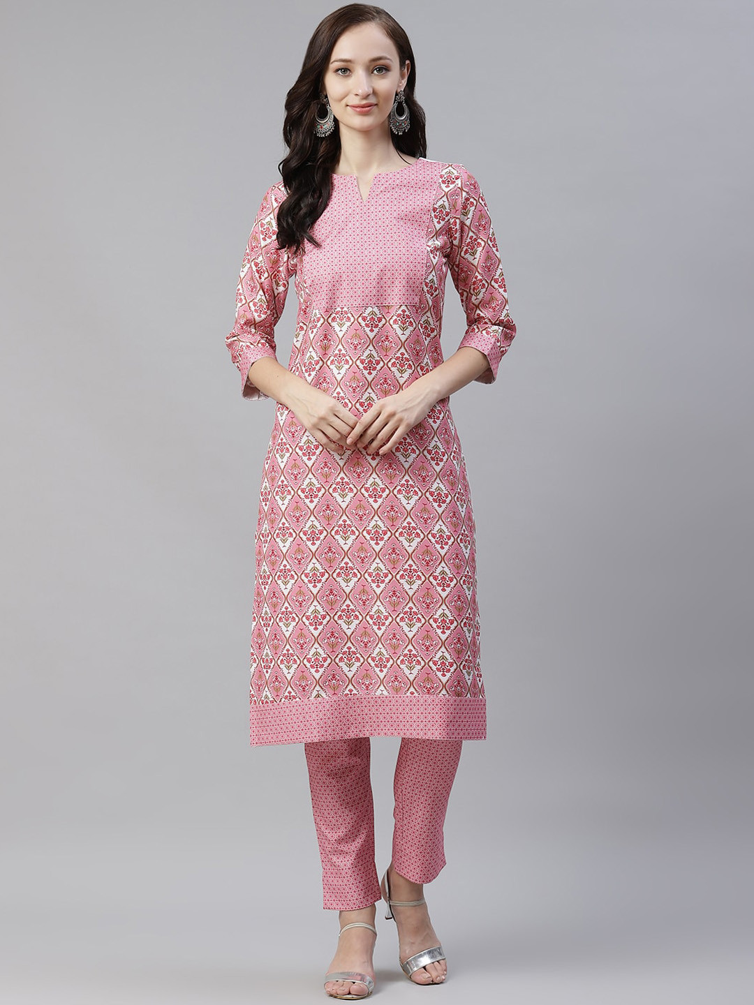 

ZIYAA Floral Printed Round Neck Kurta with Trousers, Pink