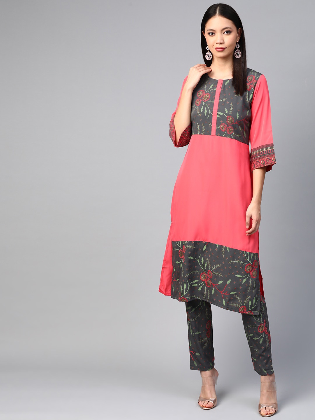 

ZIYAA Floral Printed Round Neck Kurta with Trousers, Coral