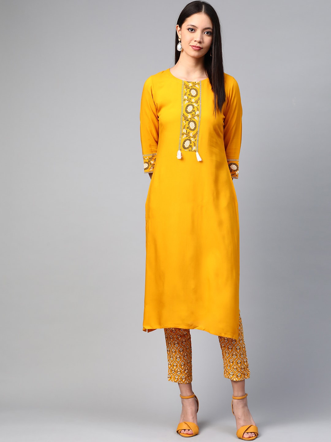 

ZIYAA Floral Yoke Design Pure Cotton Kurta with Trousers, Mustard
