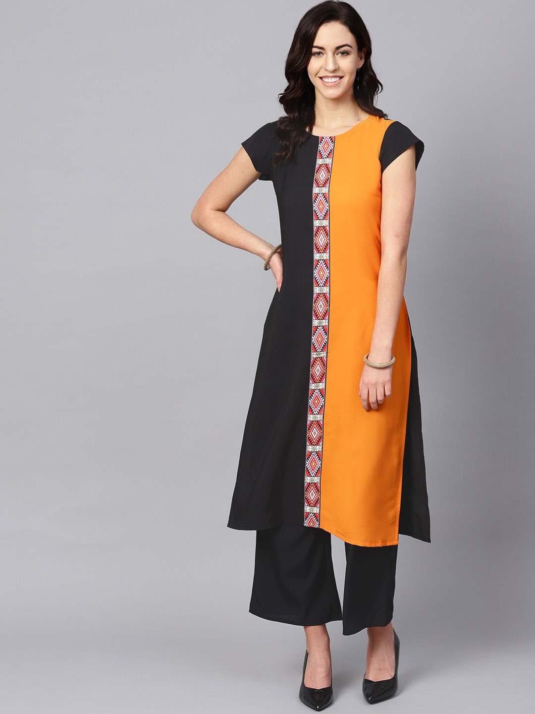 

ZIYAA Colourblocked Round Neck Kurta with Palazzos, Orange