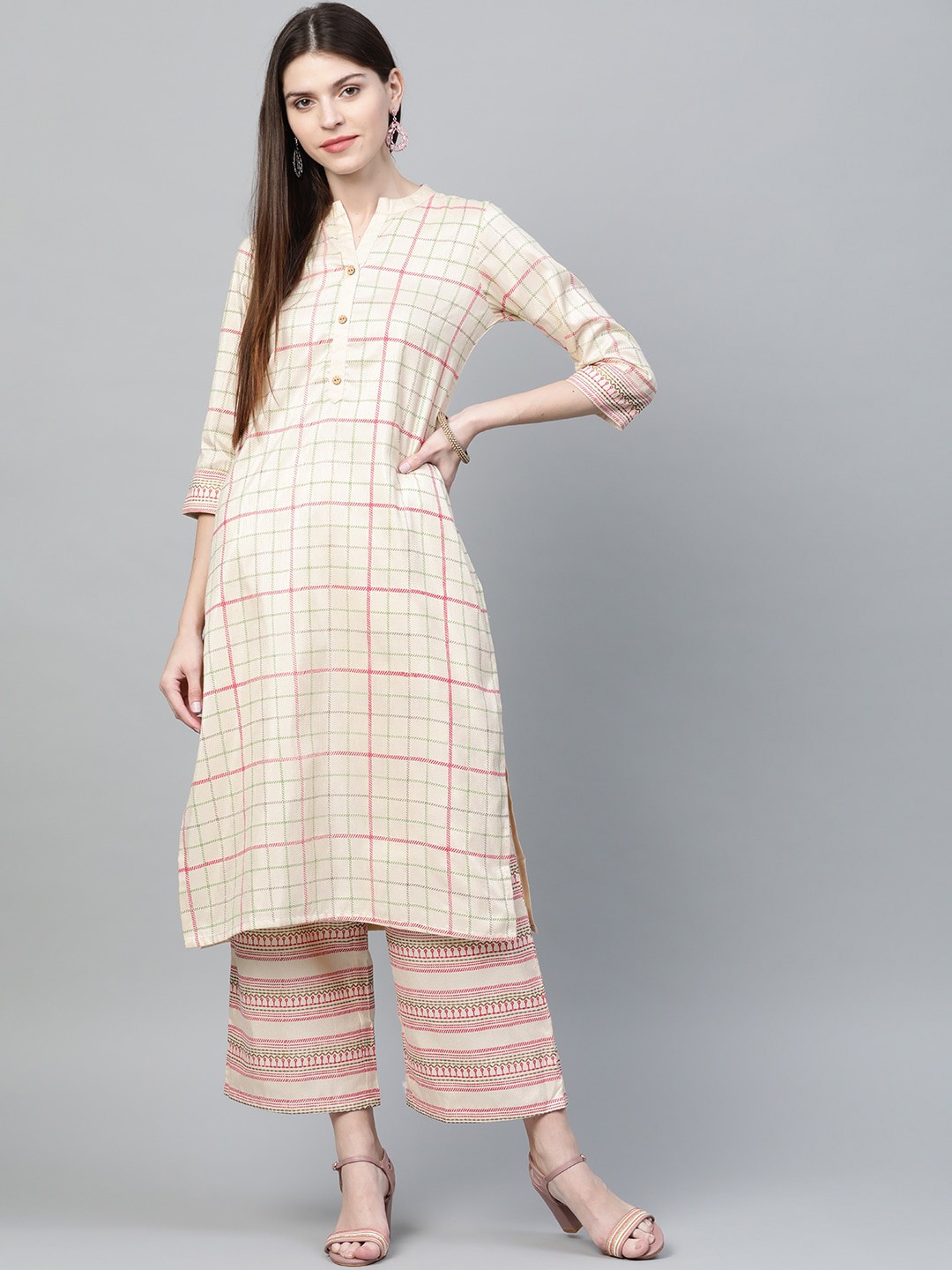 

ZIYAA Printed Mandarin Collar Kurta with Palazzos, Cream
