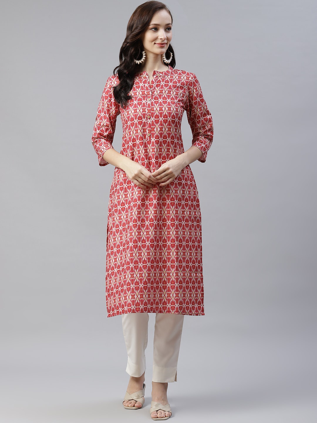

ZIYAA Ethnic Motifs Printed Round Neck Kurta with Trousers, Red