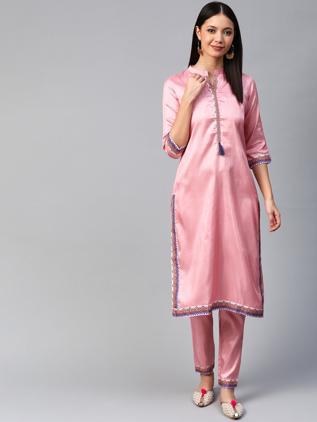 

ZIYAA Embroidered Mandarin Collar Kurta with Trousers, Pink