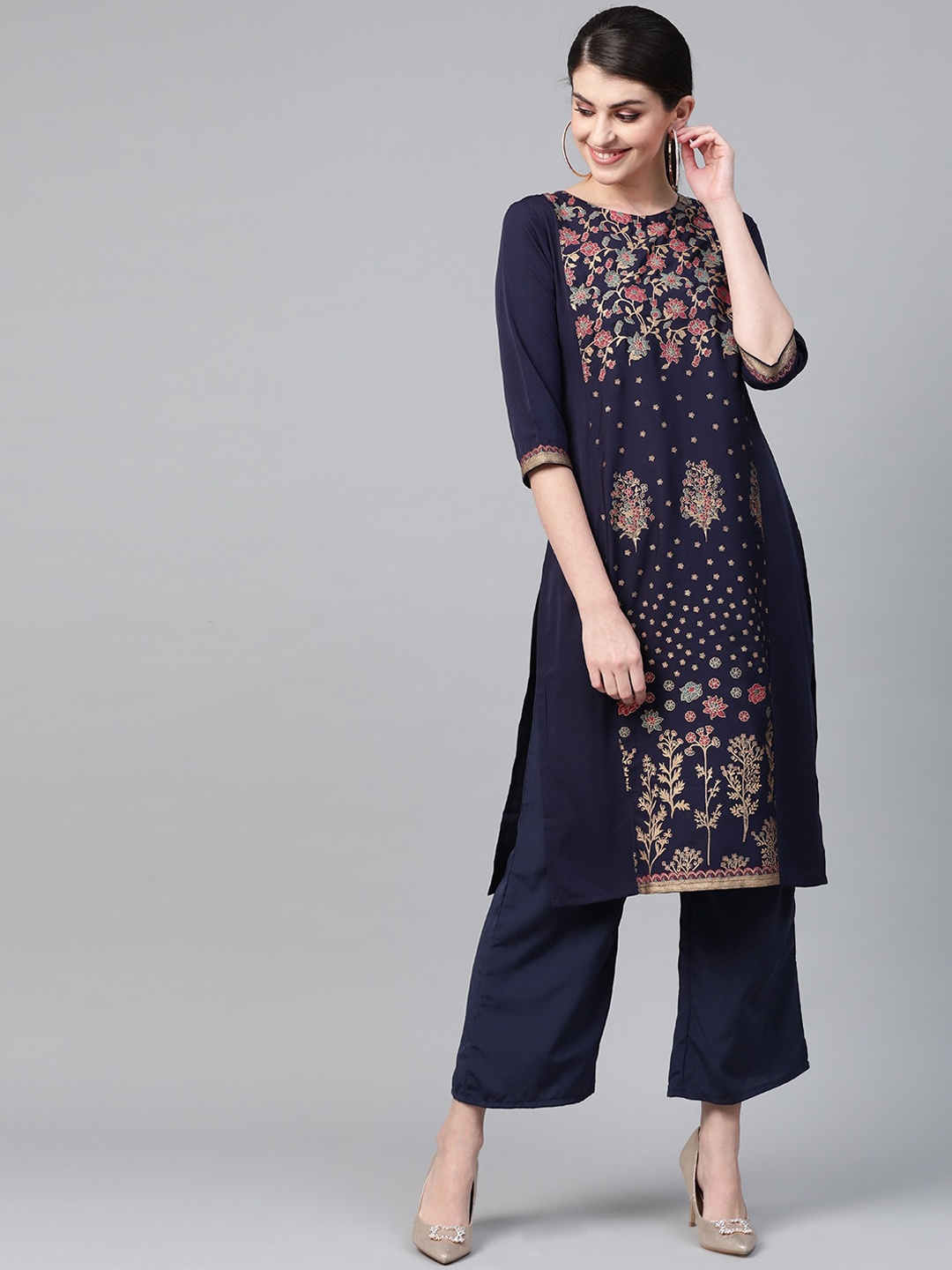 

ZIYAA Floral Printed Round Neck Kurta with Palazzos, Navy blue