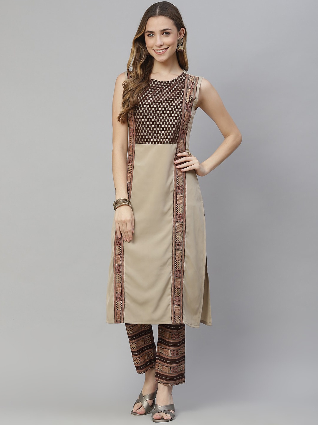 

ZIYAA Ethnic Motifs Printed Round Neck Sleeveless Kurta with Trousers, Beige