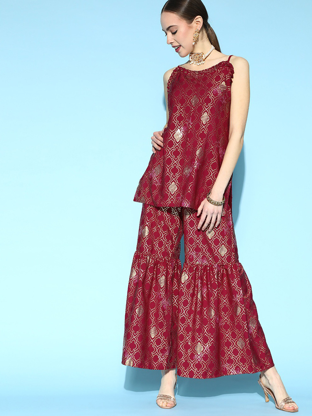

ZIYAA Women Maroon Printed Kurti with Sharara