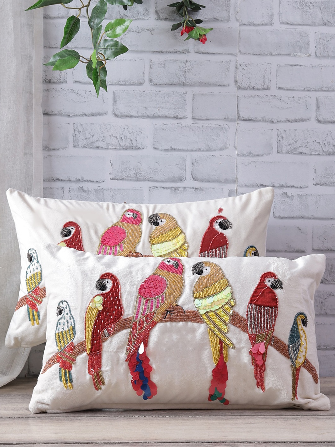 

eyda Cream-Coloured & Yellow Set of 2 Embellished Velvet Rectangle Cushion Covers