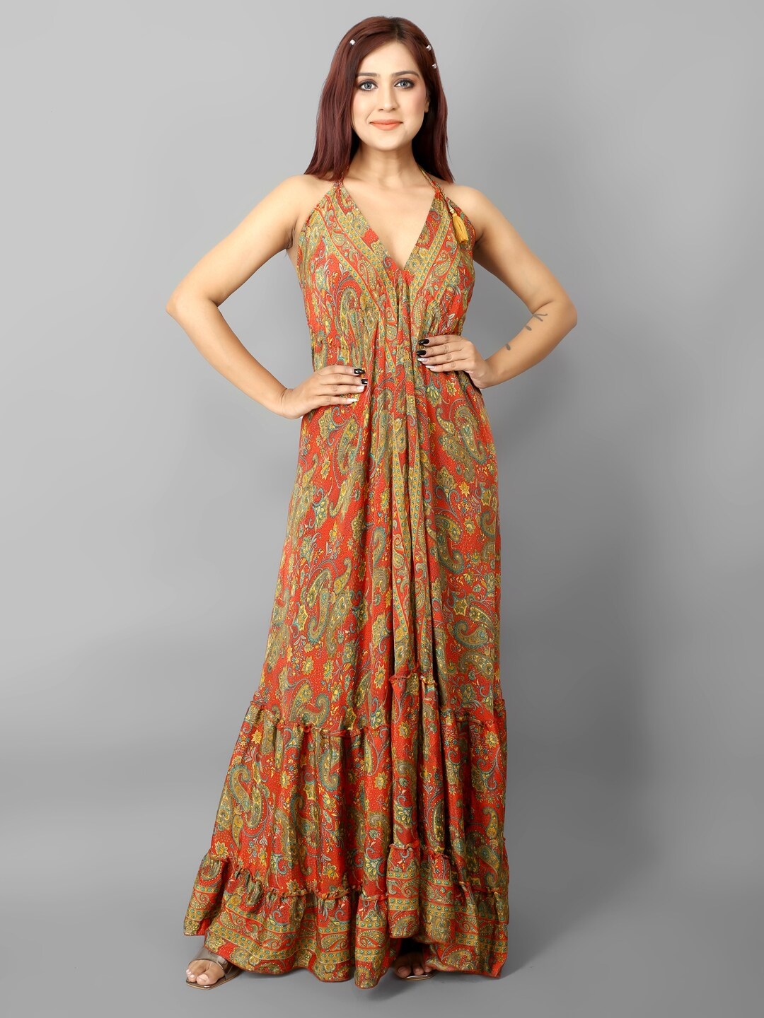 

Ameeha Printed Halter Neck Maxi Dress, Orange
