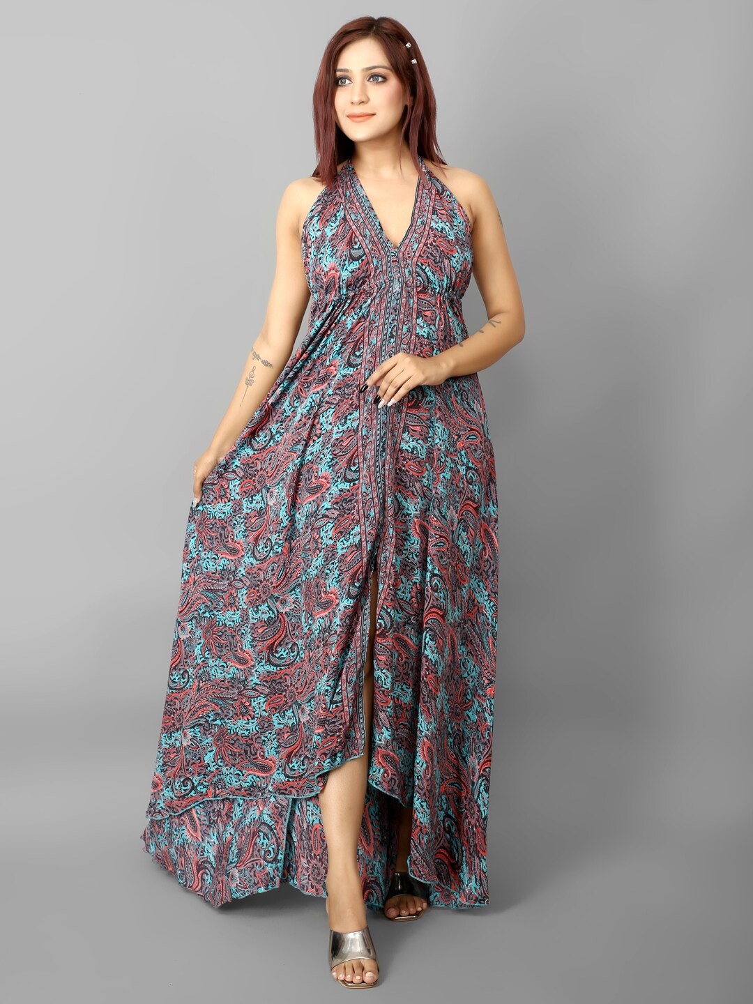 

Ameeha Printed Halter Neck Maxi Dress, Blue