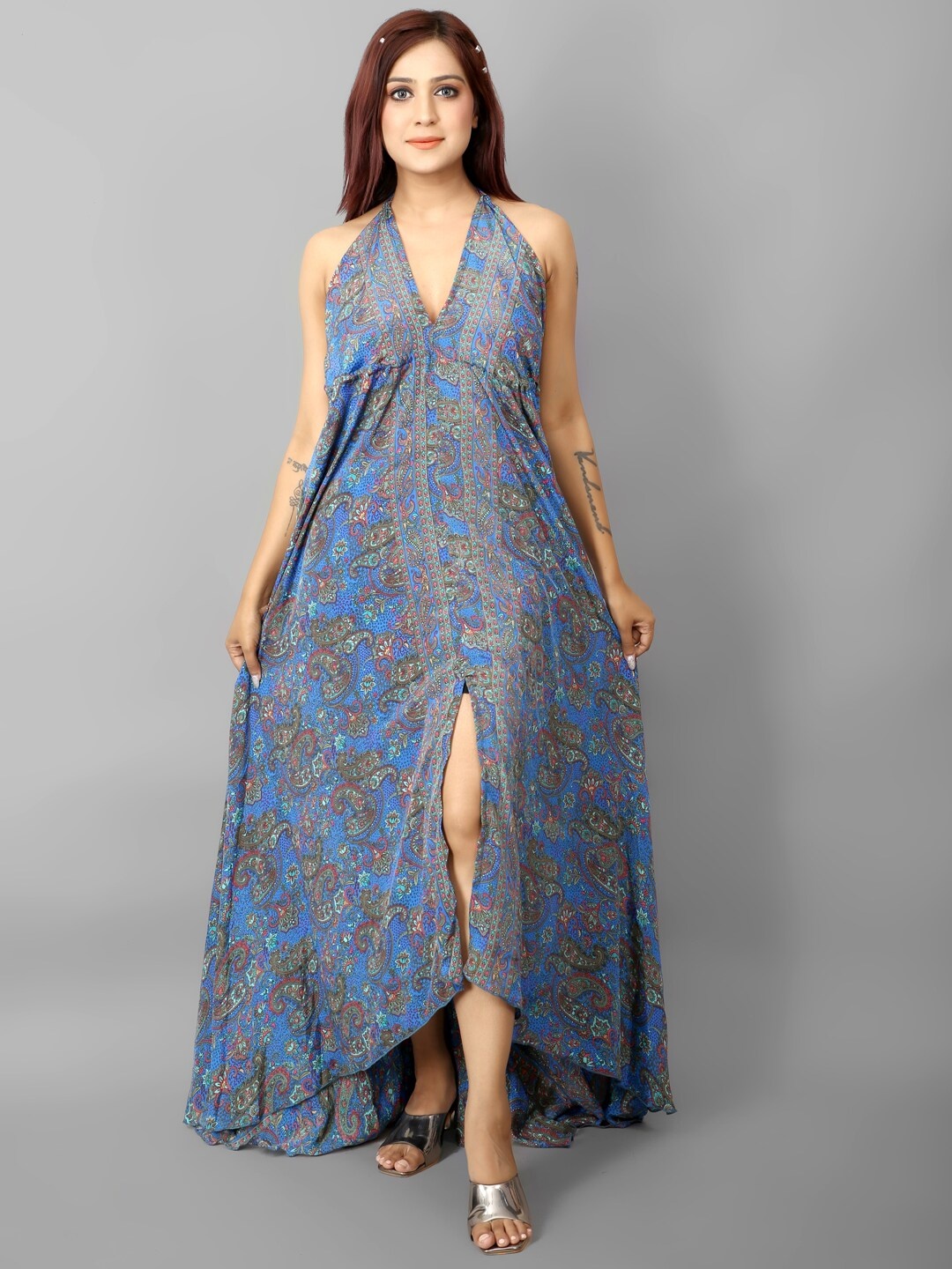 

Ameeha Printed Halter Neck Maxi Dress, Blue