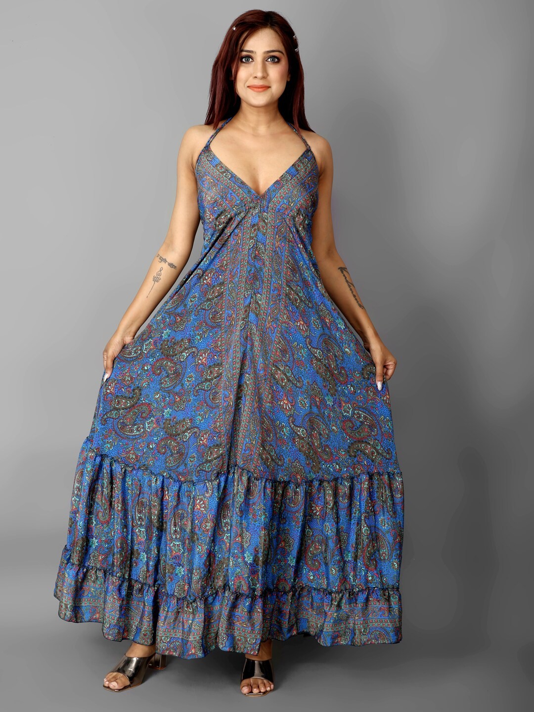 

Ameeha Printed Halter Neck Maxi Dress, Navy blue