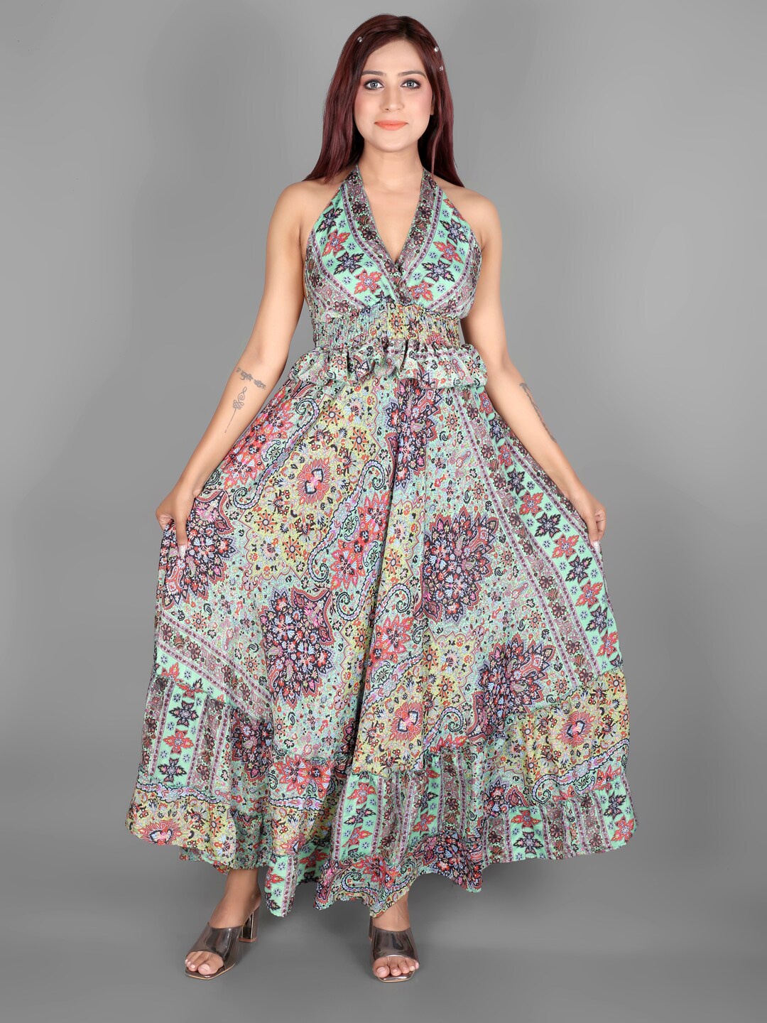 

Ameeha Printed Halter Neck Maxi Dress, Green