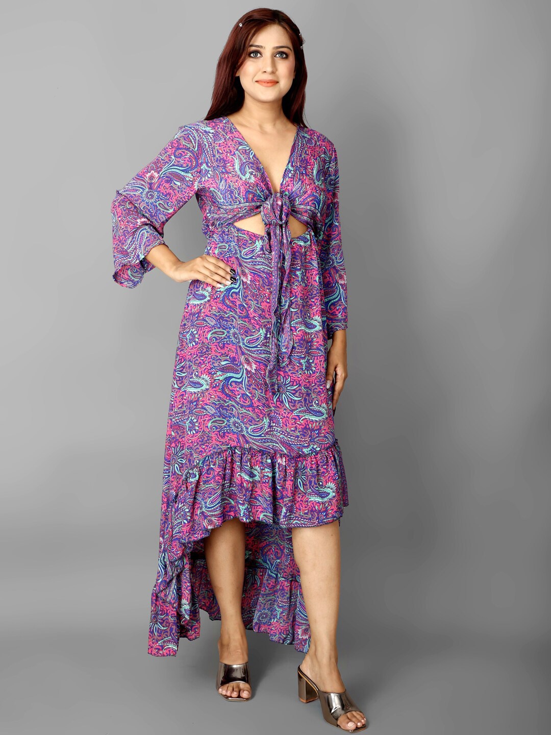 

Ameeha Tie-Up Neck A-Line Midi Dress, Purple