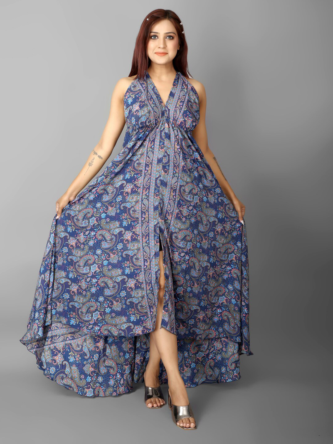 

Ameeha Printed Halter Neck Maxi Dress, Blue