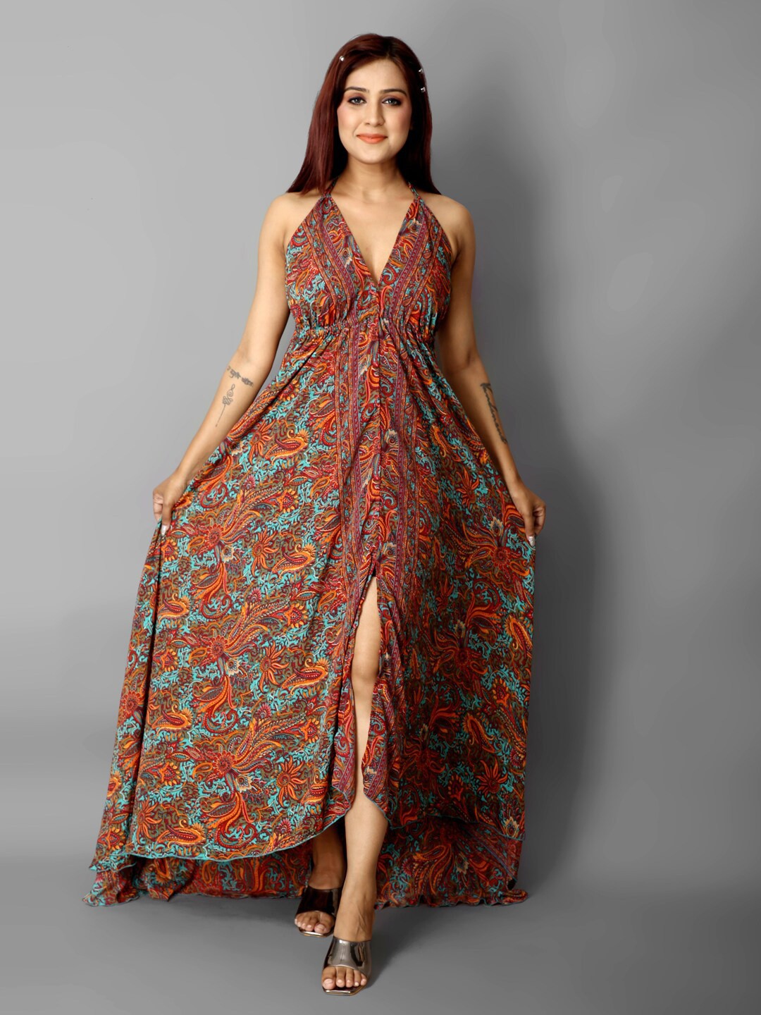 

Ameeha Printed Halter Neck Maxi Dress, Orange