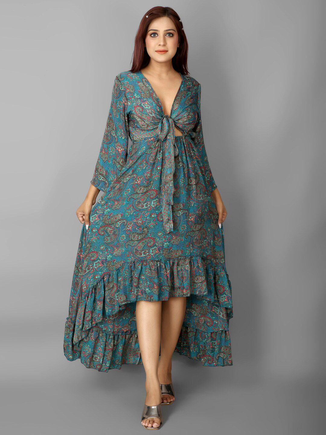 

Ameeha Tie-Up Neck A-Line Midi Dress, Green