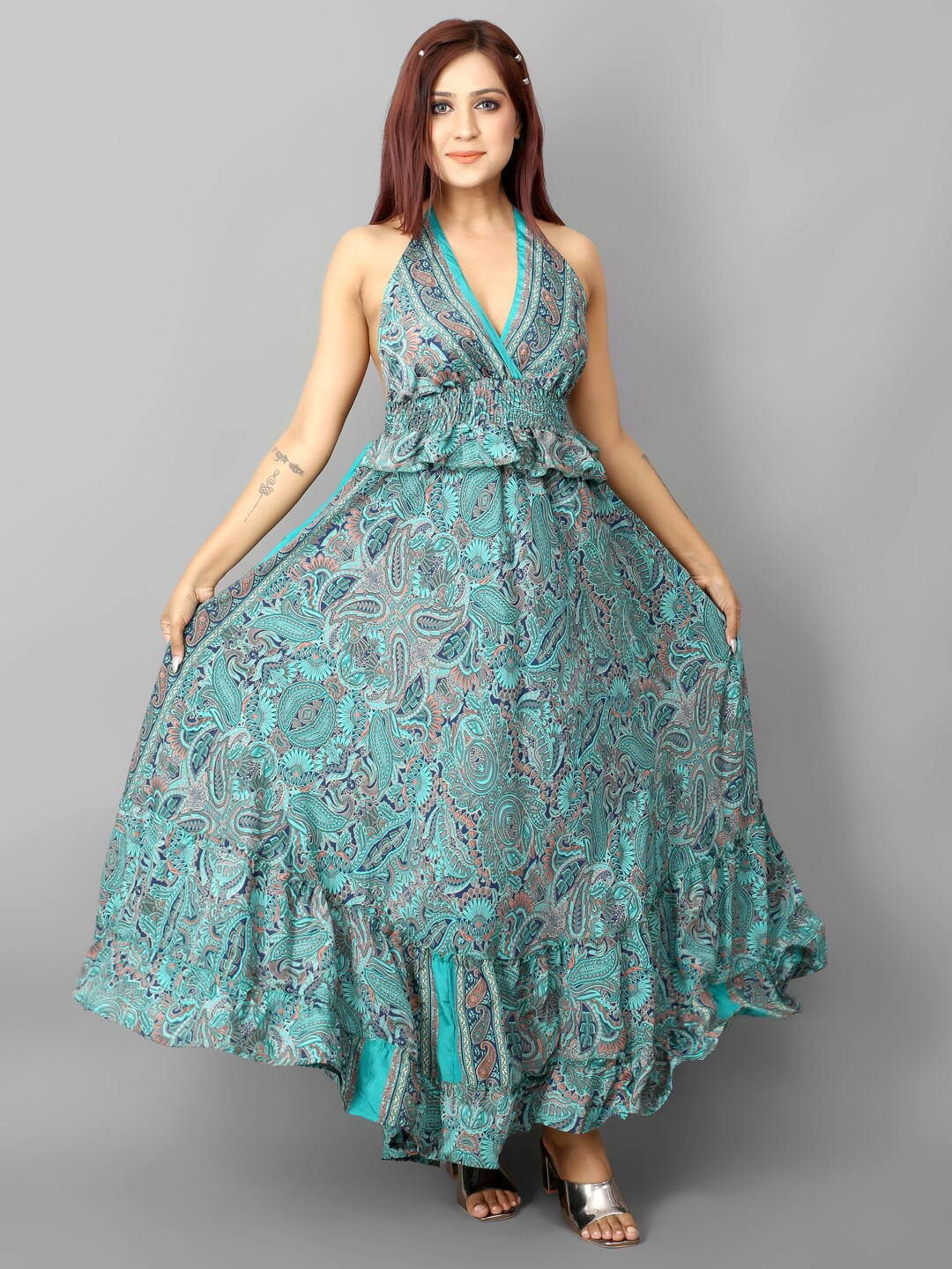 

Ameeha Printed Halter Neck Maxi Dress, Blue