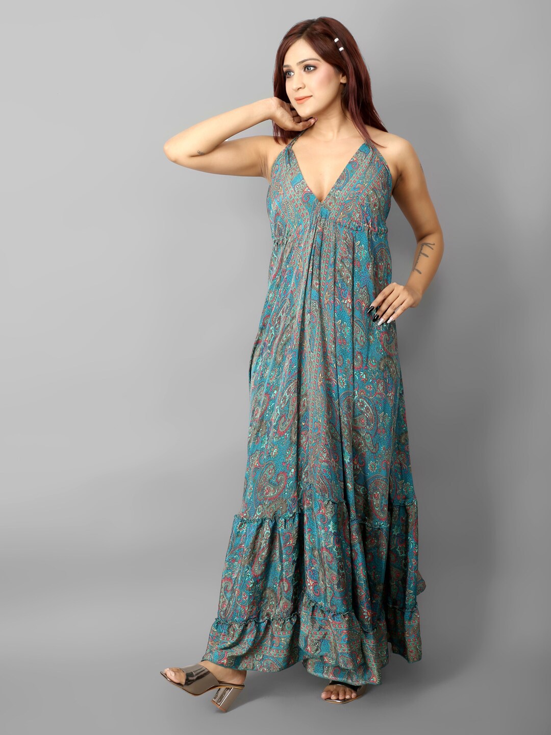 

Ameeha Printed Halter Neck Maxi Dress, Blue