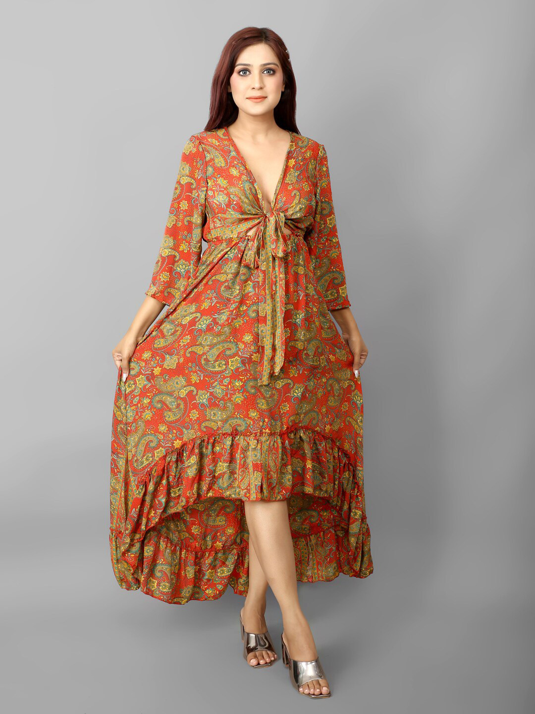 

Ameeha Tie-Up Neck A-Line Midi Dress, Orange