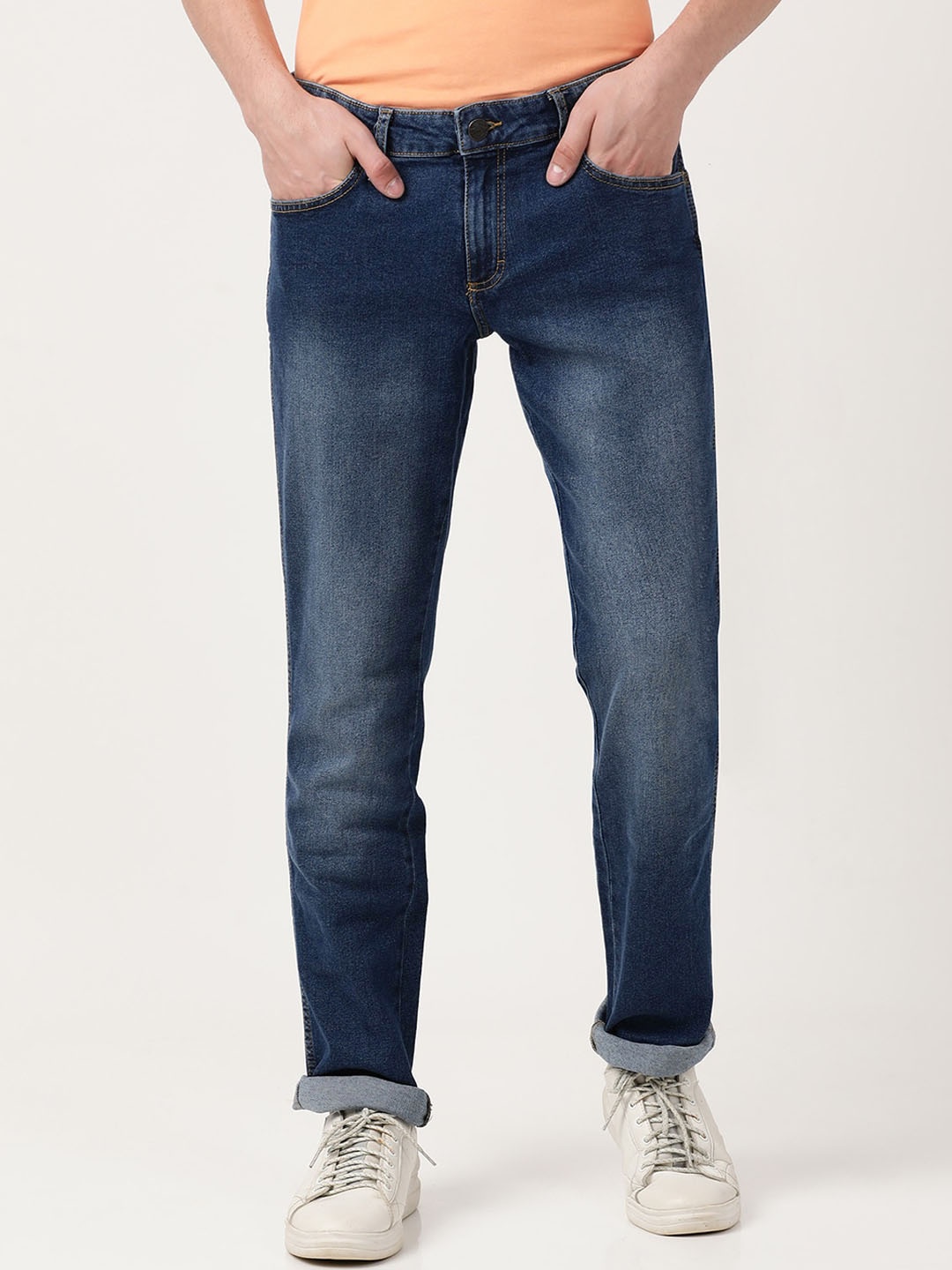 

Wrangler Men Skanders Slim Fit Low-Rise Heavy Fade Stretchable Cotton Jeans, Blue