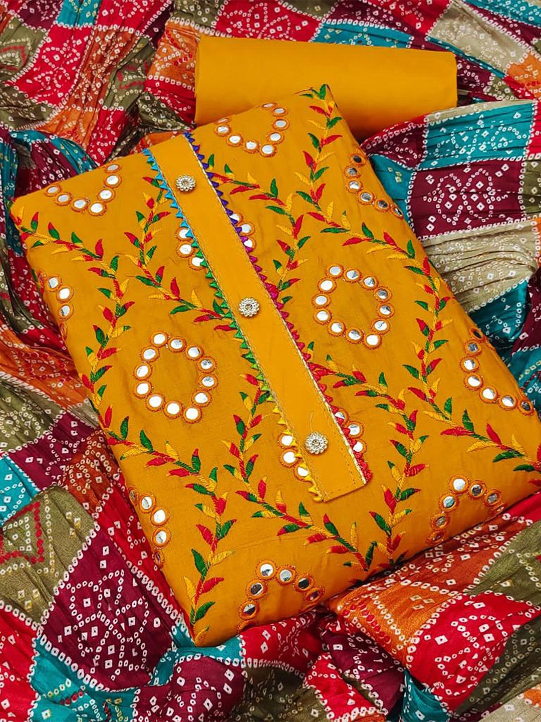 

KALINI Yellow & Red Embroidered Pure Cotton Unstitched Dress Material