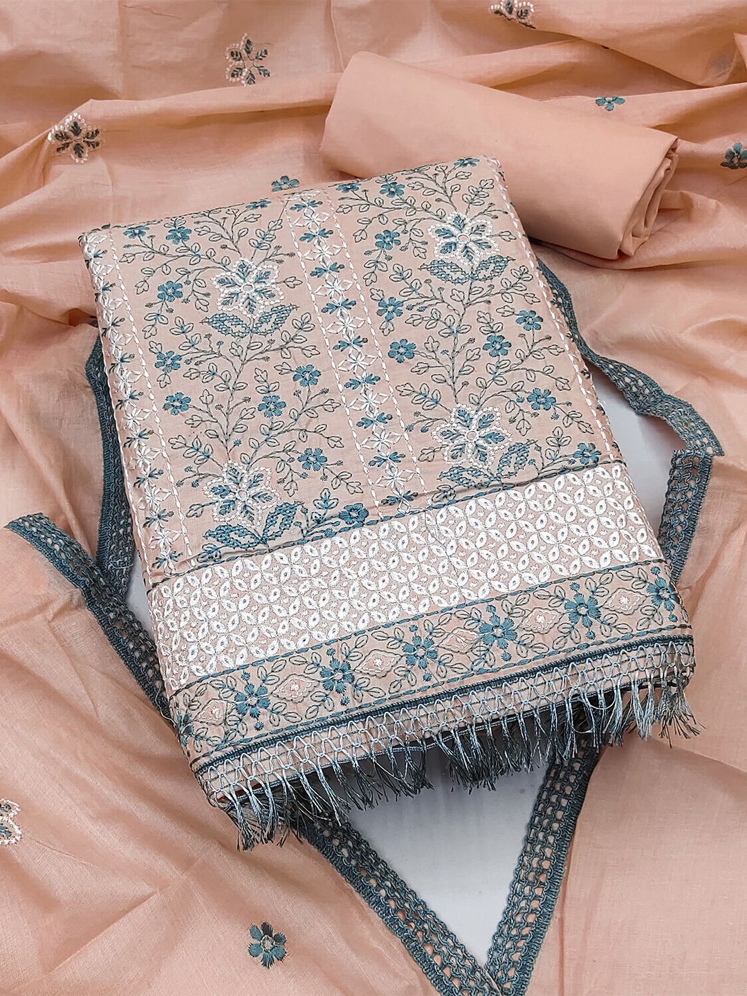 

KALINI Peach & Grey Embroidered Pure Cotton Unstitched Dress Material