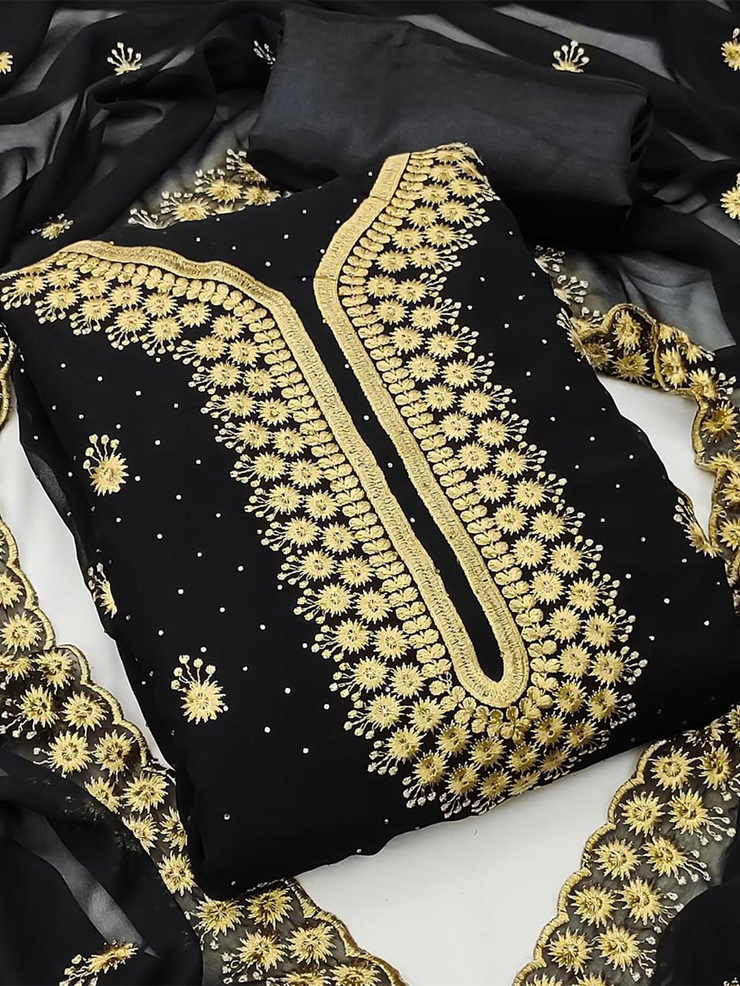 

KALINI Black & Golden Embroidered Unstitched Dress Material