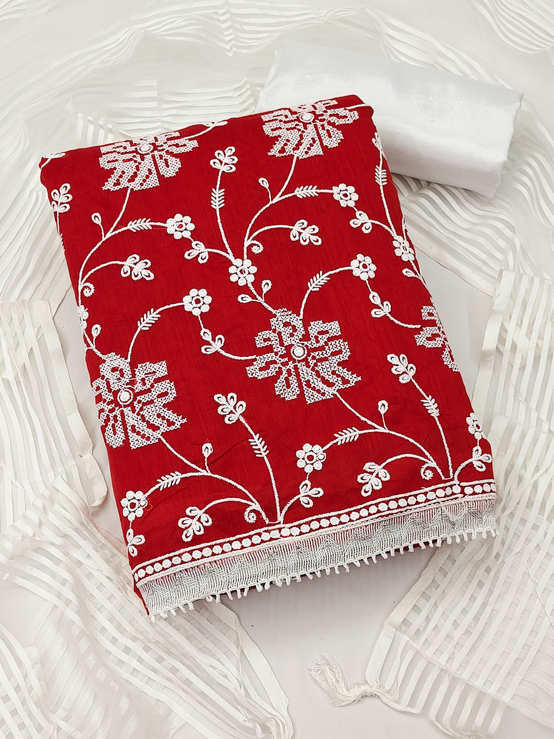 

KALINI Red & White Embroidered Unstitched Dress Material