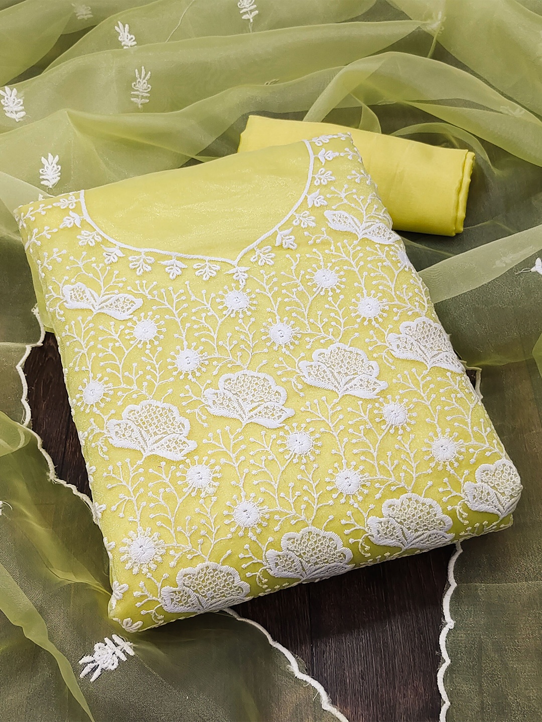 

KALINI Embroidered Organza Unstitched Dress Material, Yellow