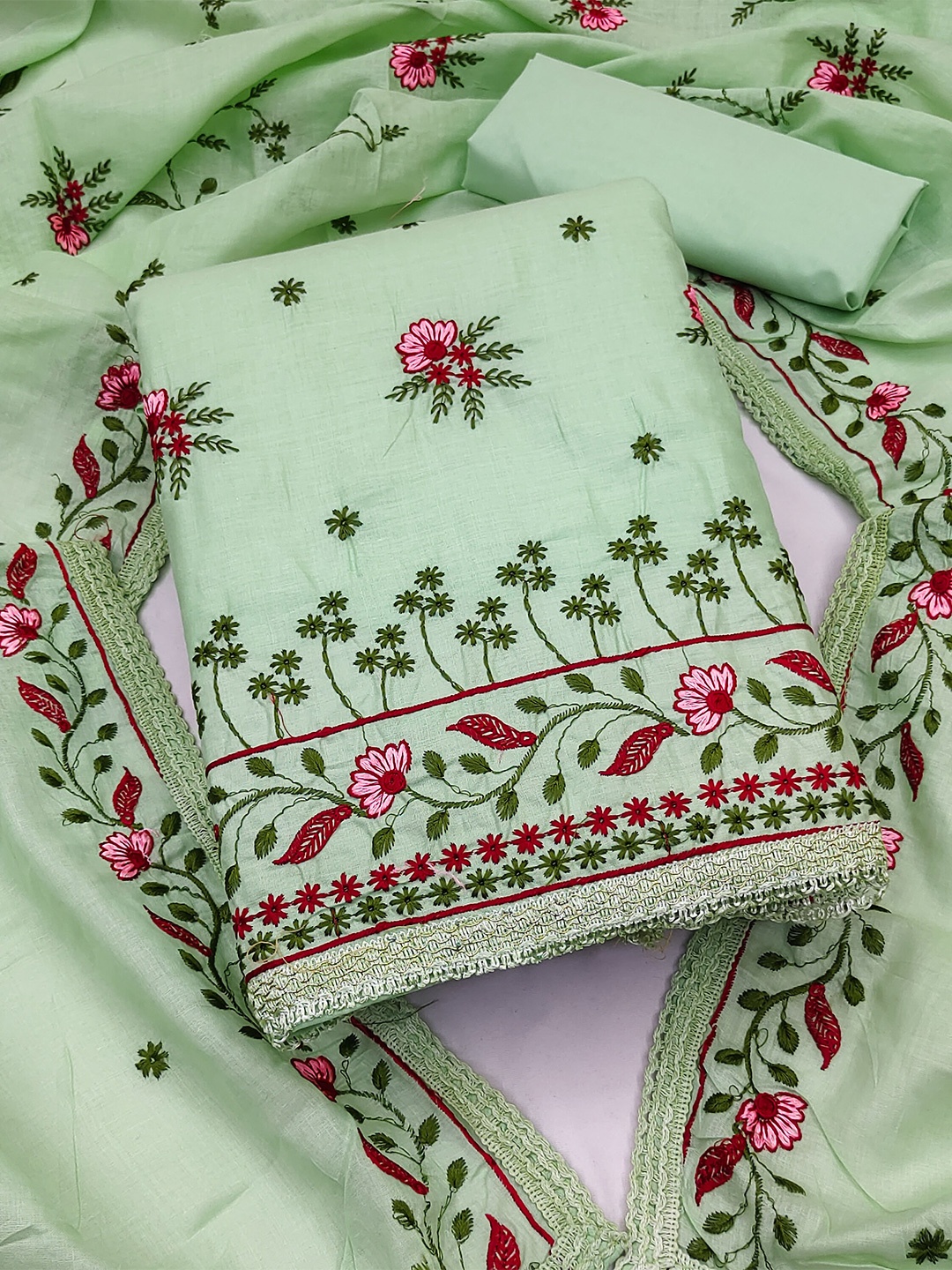 

KALINI Embroidered Pure Cotton Unstitched Dress Material, Green