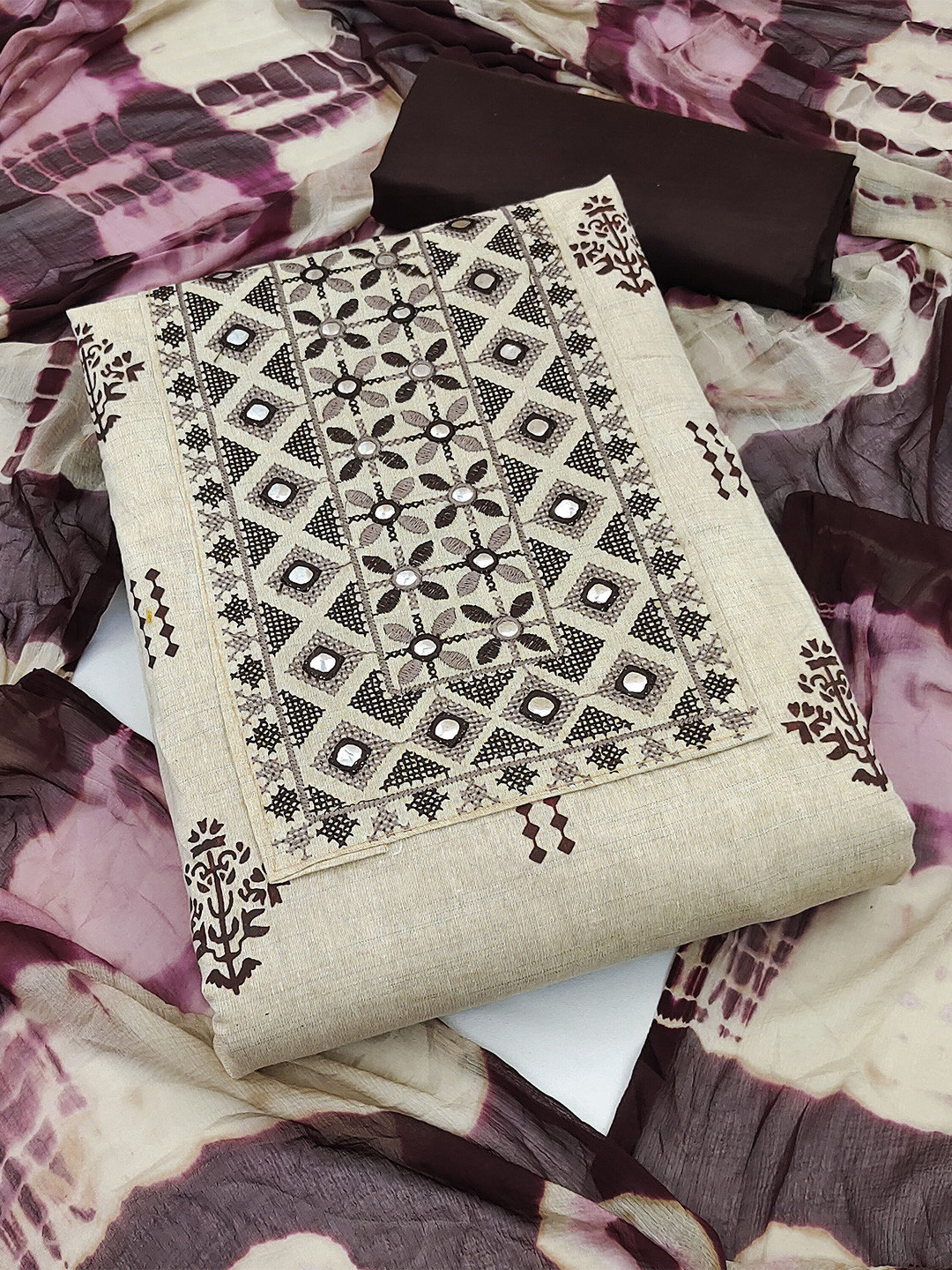 

KALINI Embroidered Pure Cotton Unstitched Dress Material, Beige