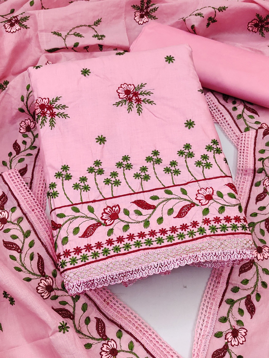 

KALINI Embroidered Pure Cotton Unstitched Dress Material, Pink