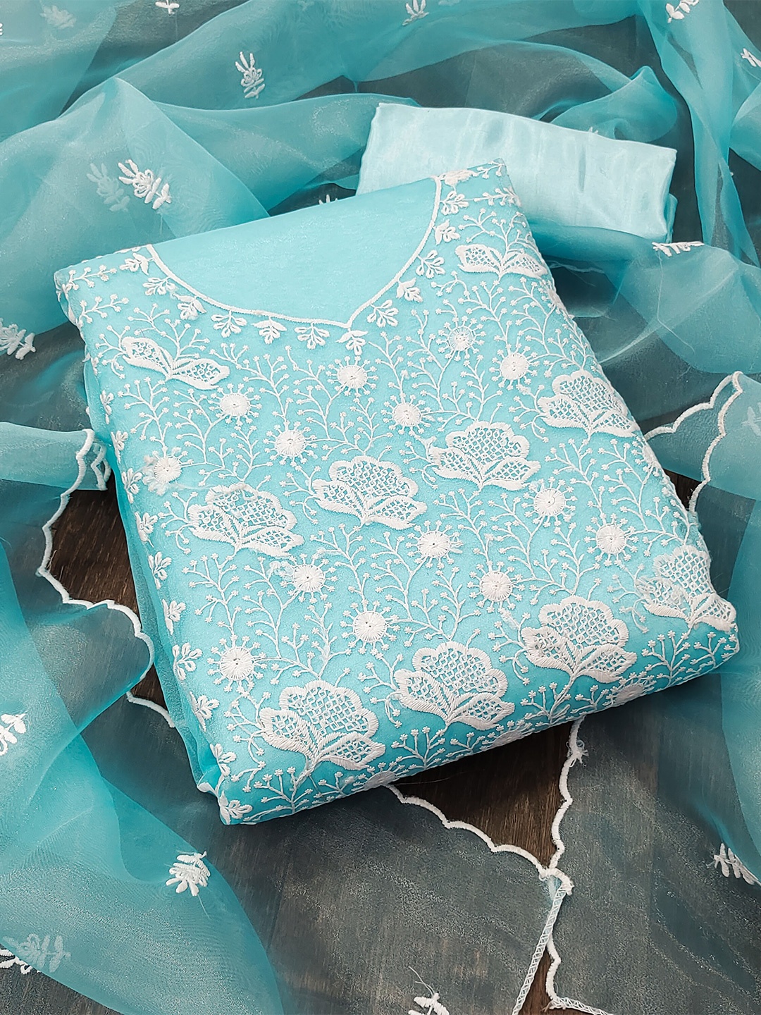 

KALINI Embroidered Organza Unstitched Dress Material, Blue