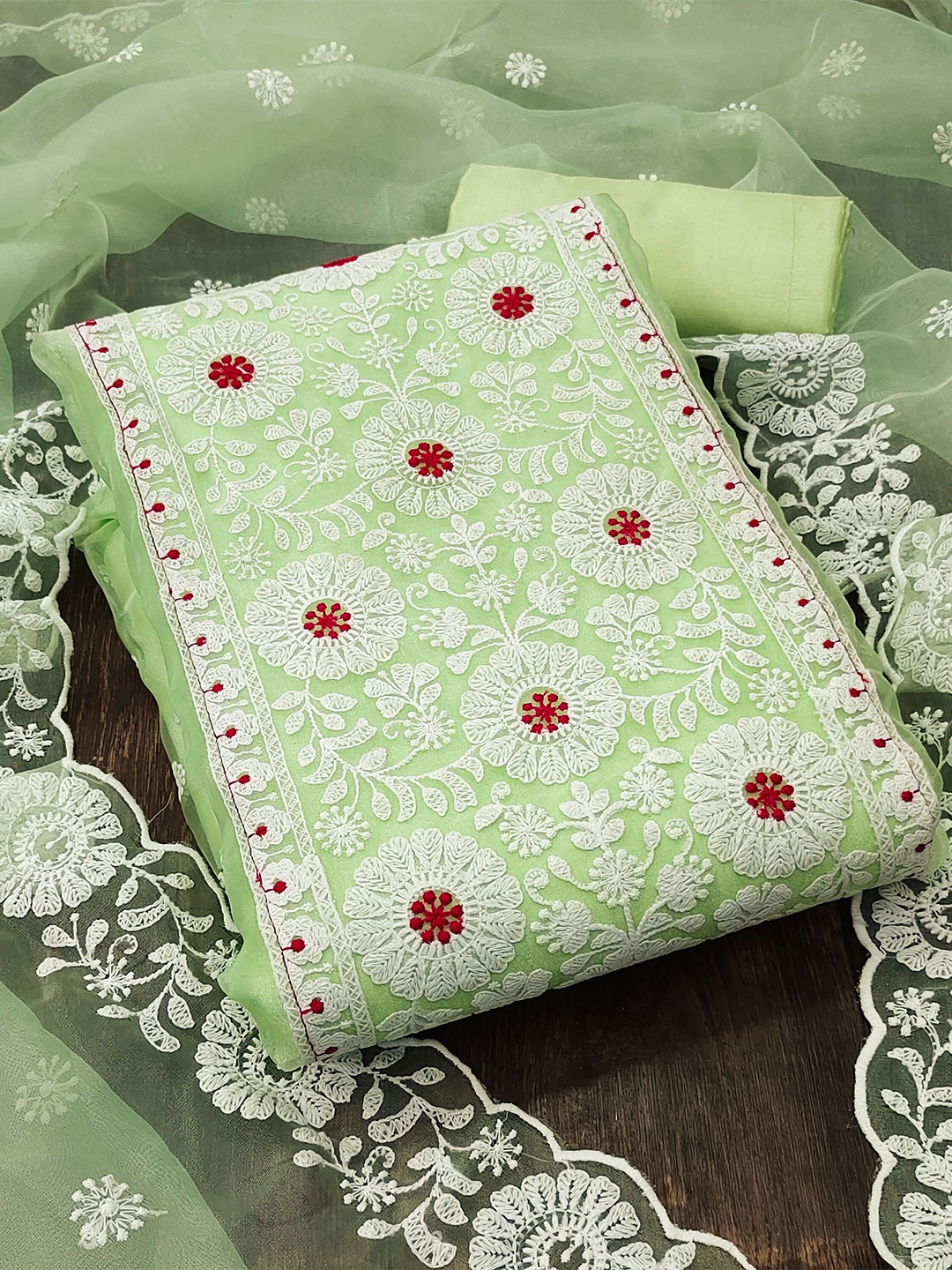 

KALINI Embroidered Organza Unstitched Dress Material, Green