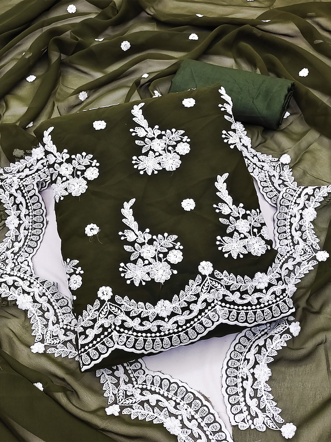 

KALINI Embroidered Silk Georgette Unstitched Dress Material, Olive