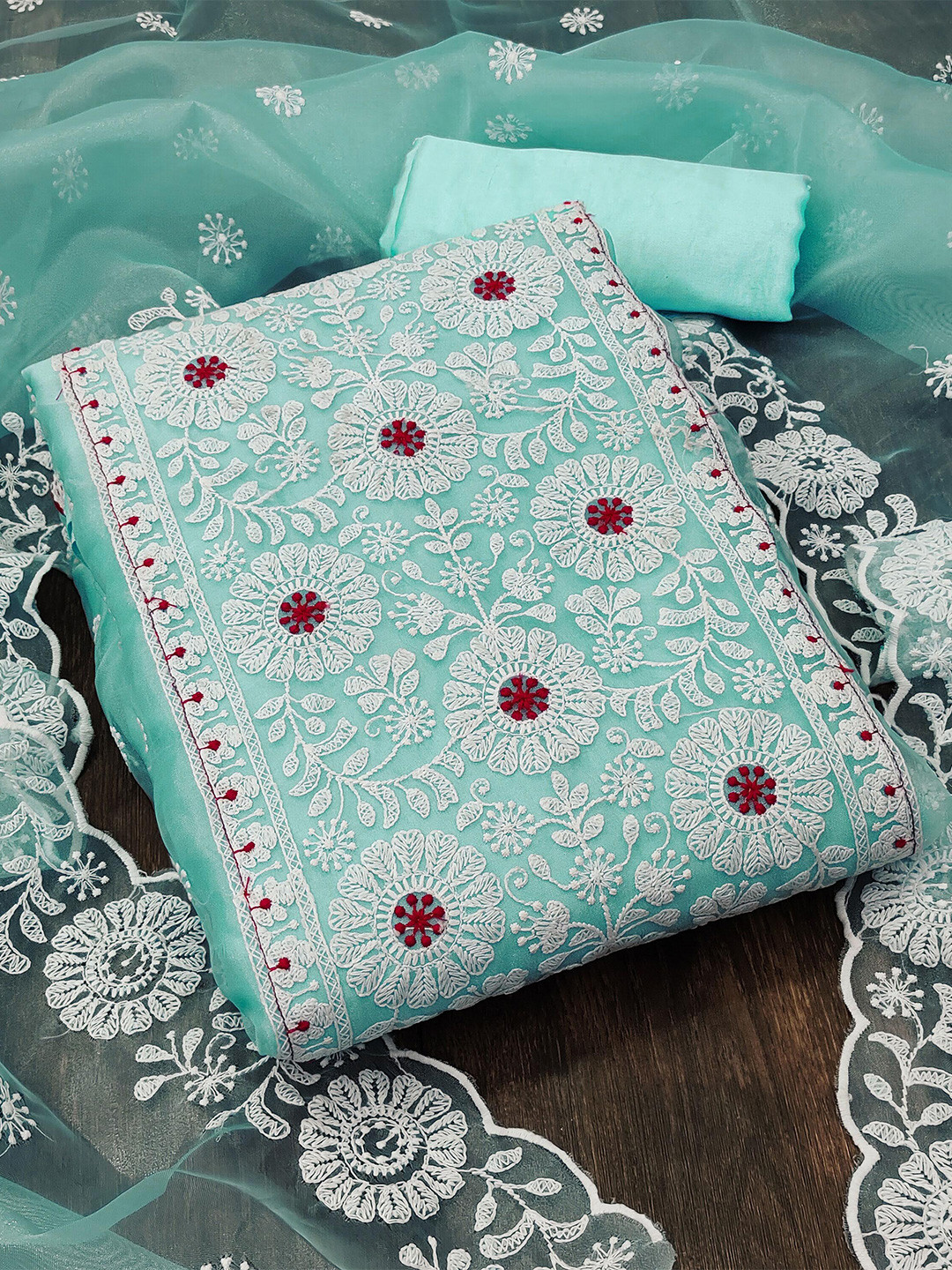 

KALINI Embroidered Organza Unstitched Dress Material, Blue