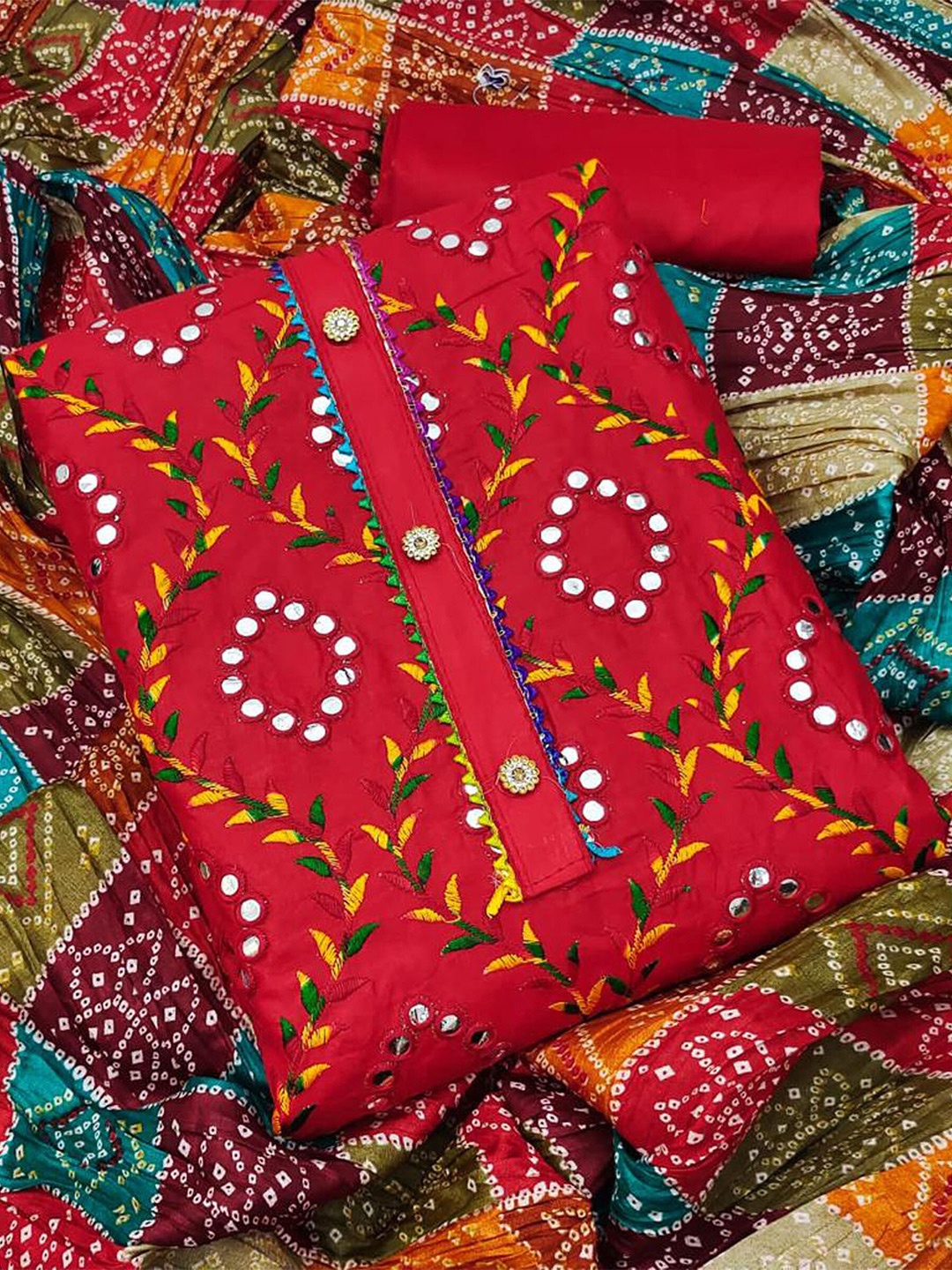 

KALINI Embroidered Pure Cotton Unstitched Dress Material, Red