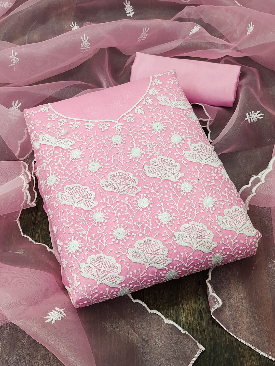 

KALINI Embroidered Organza Unstitched Dress Material, Pink