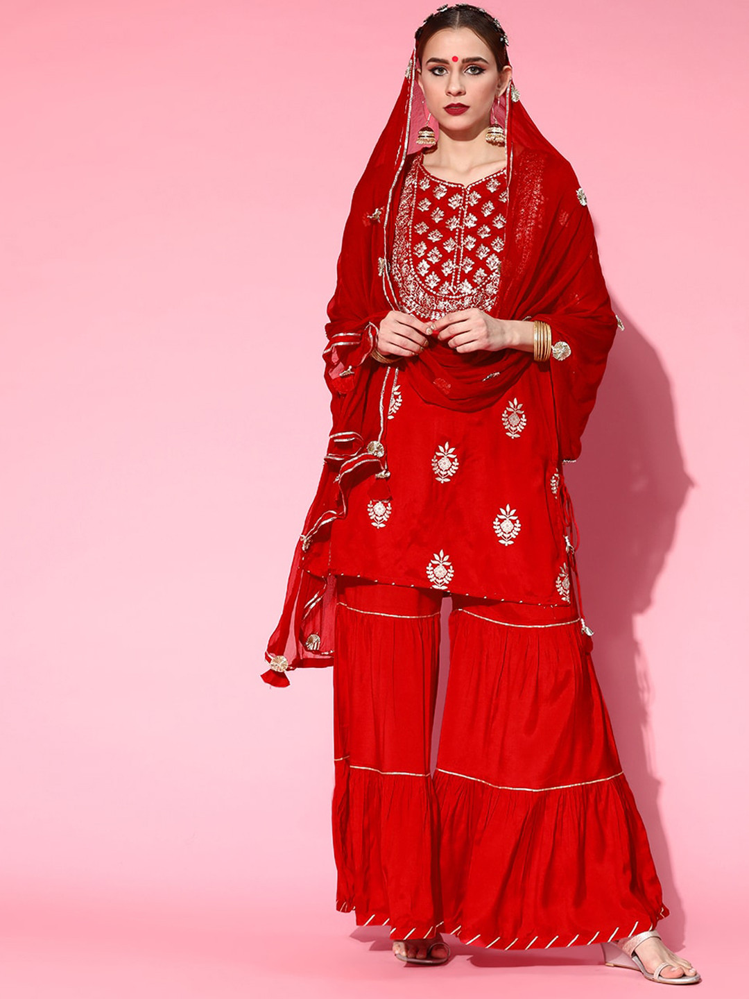 

Ishin Ethnic Motifs Printed Kurta with Sharara & With Dupatta, Red