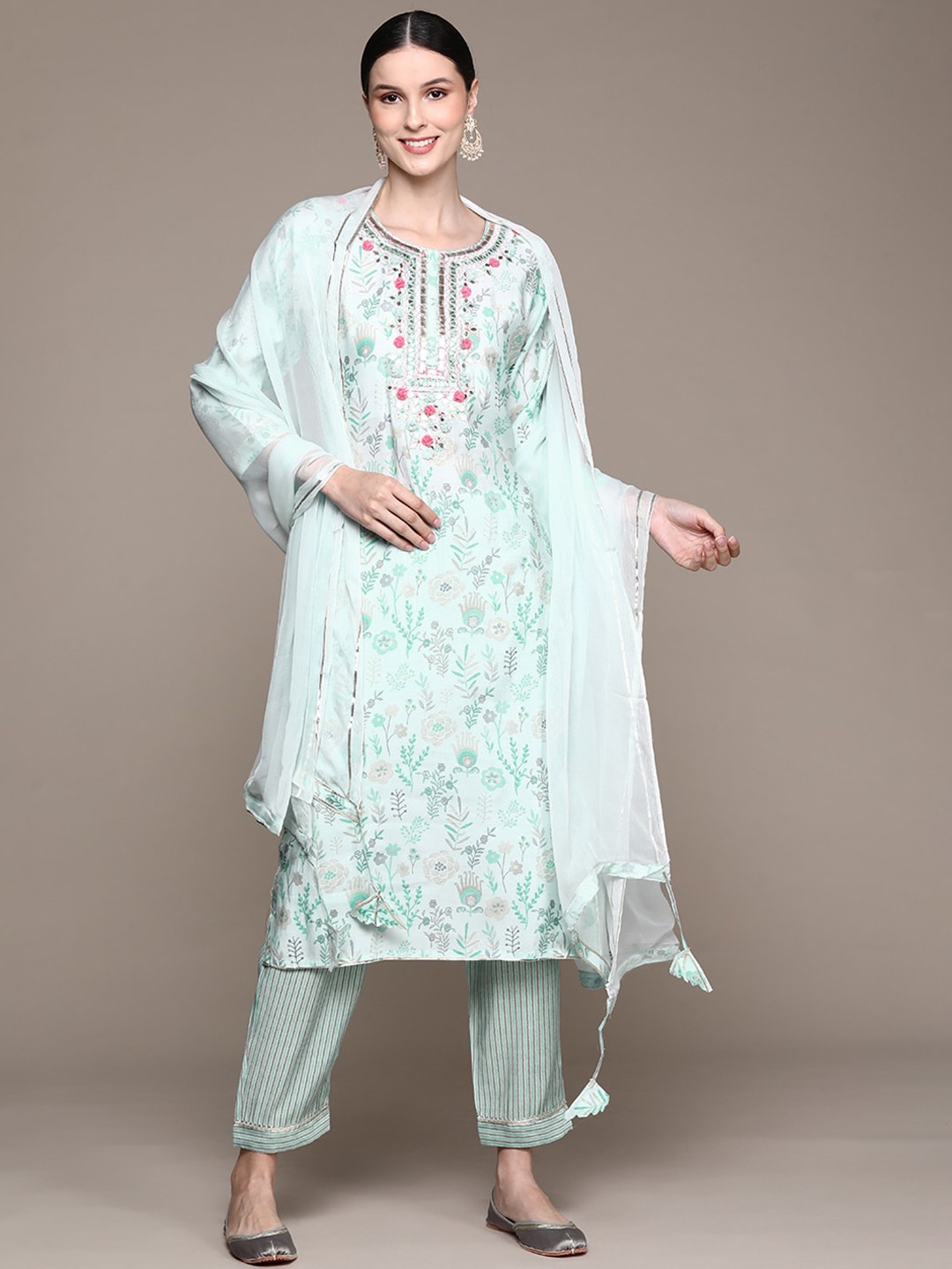 

Ishin Women Floral Yoke Design Thread Work Kurta with Trousers & Dupatta, Blue